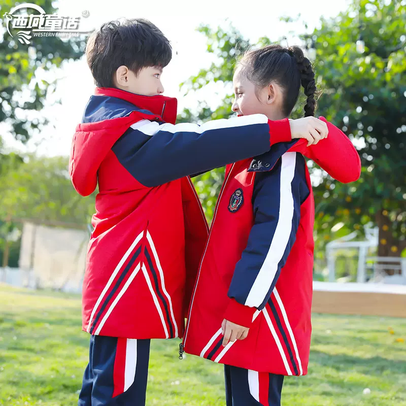 西域童话2019新款男女儿童中长款棉服单外套小学生校服幼儿园园服