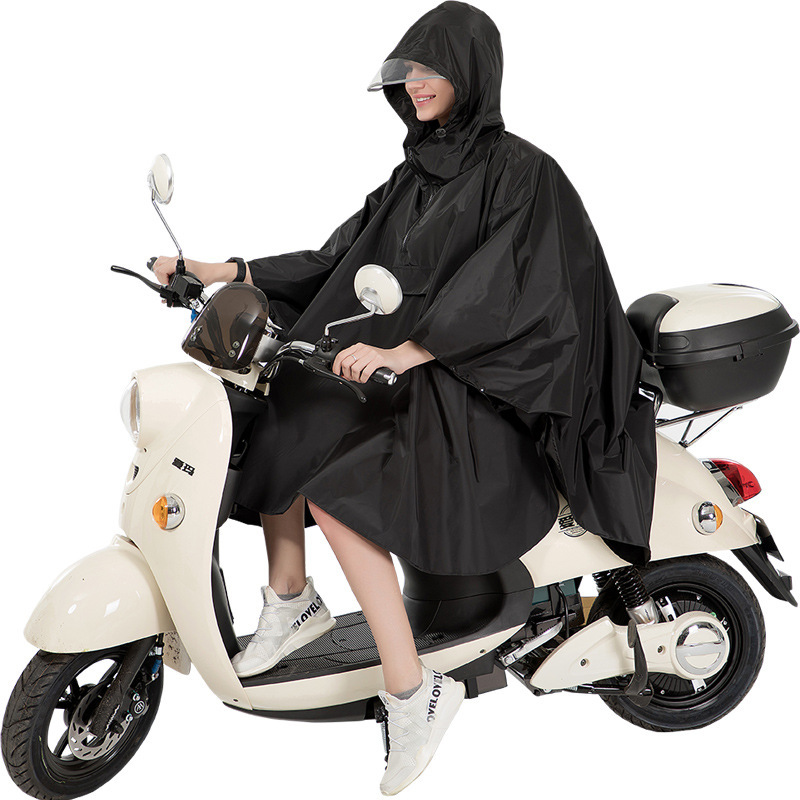 Customized Black Polyester Waterproof Poncho-Style Raincoat with Front Chest Pocket and Hood for Adults, Suitable for Outdoor Cycling