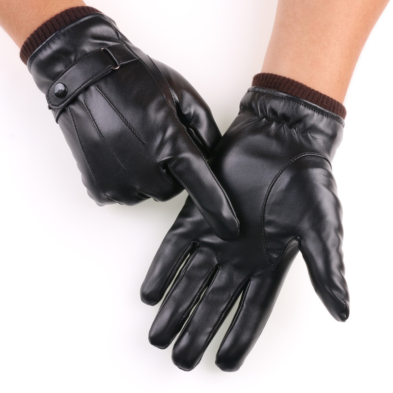 Guantes de pantalla táctil de otoño e invierno para hombres Guantes de terciopelo cálido a prueba de frío para montar al aire libre Luo Kou guantes de cuero lavados de tres líneas