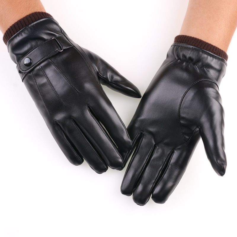 Guantes de pantalla táctil de otoño e invierno para hombres Guantes de terciopelo cálido a prueba de frío para montar al aire libre Luo Kou guantes de cuero lavados de tres líneas