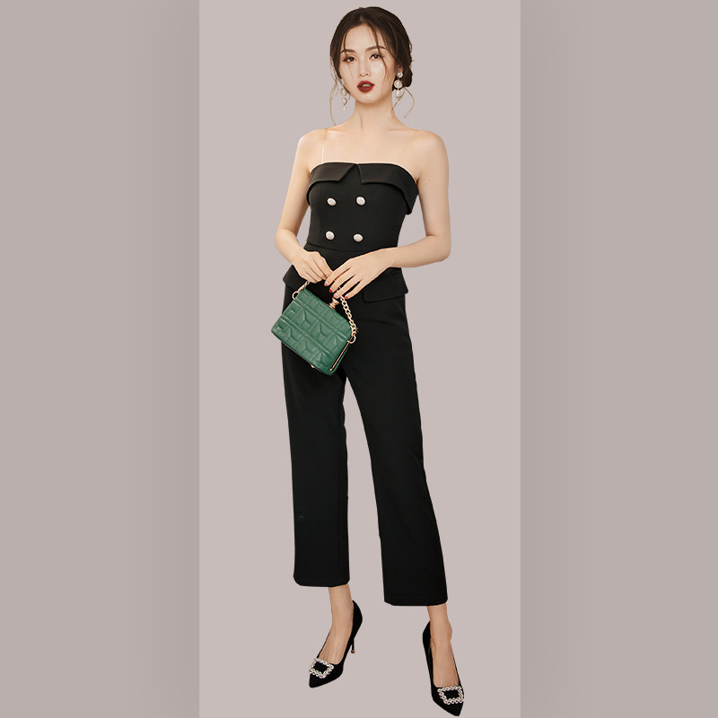 New Fashion European and American Women's Shoulder Wrap Chest High Waist Slim-fit Slimming Mid-length Trousers Jumpsuit 5893