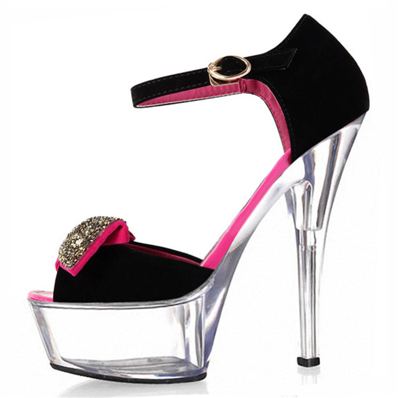 Japanese and Korean New Suede Bag with Wristband Peep Mouth Sandals Rhinestone Color Bow Frosted Leather 15cm High-heeled Shoes