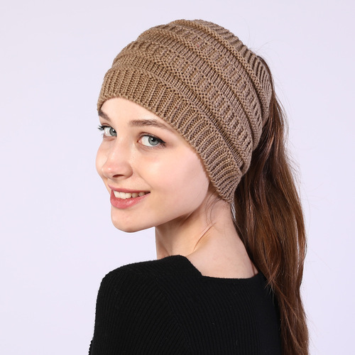Cross-border Amazon New Autumn/Winter Women's Knitted Headband, Wide Face Covering Headband, Empty Top Ponytail Wool Hat