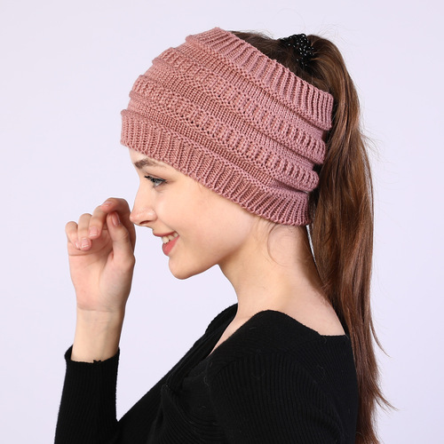 Cross-border Amazon New Autumn/Winter Women's Knitted Headband, Wide Face Covering Headband, Empty Top Ponytail Wool Hat