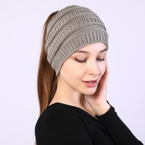 Cross-border Amazon New Autumn/Winter Women's Knitted Headband, Wide Face Covering Headband, Empty Top Ponytail Wool Hat
