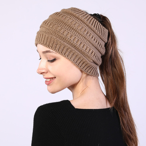 Cross-border Amazon New Autumn/Winter Women's Knitted Headband, Wide Face Covering Headband, Empty Top Ponytail Wool Hat