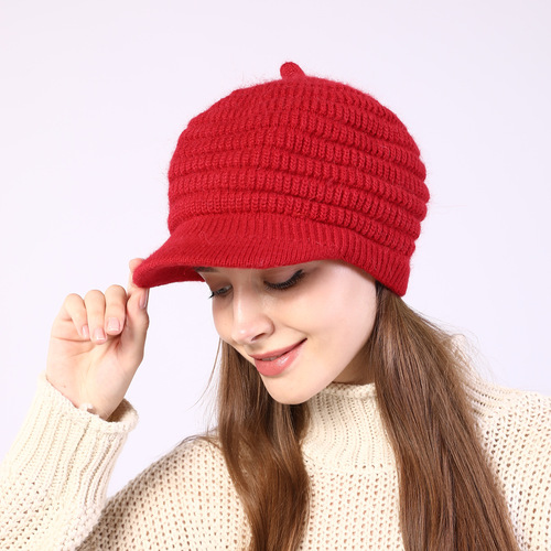 M1010 striped peaked cap autumn and winter new style plus velvet thickened warm and cold-proof knitted woolen hat women's beret