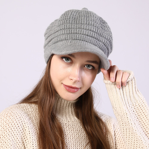 M1010 striped peaked cap autumn and winter new style plus velvet thickened warm and cold-proof knitted woolen hat women's beret