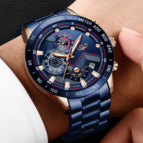 LIGE/Lige cross-border specializes in men's business quartz watches with three eyes and six needles multi-functional waterproof timepieces