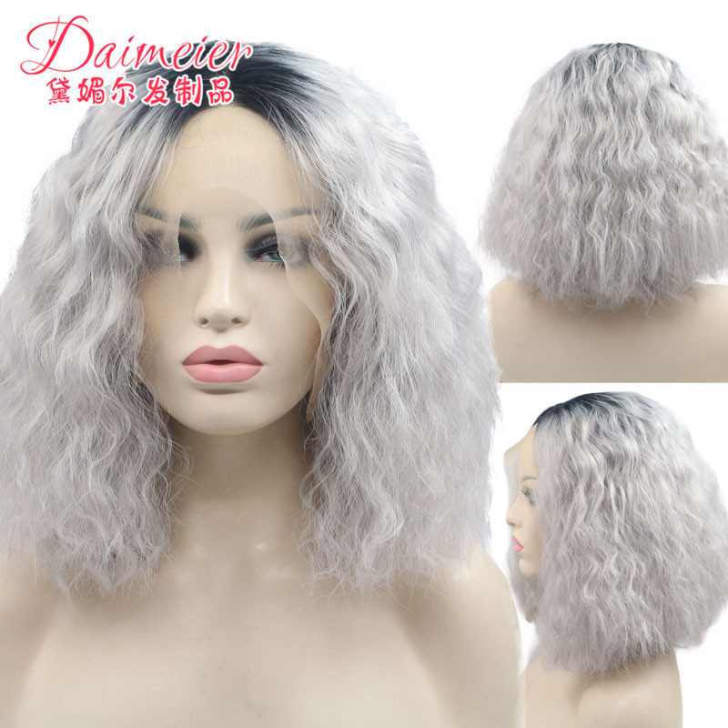 New European and American Style 13*4 Synthetic Fiber Front Lace Women's Wig, Short Curly Hair, Gradient Gray Cornrow Front Lace Wig