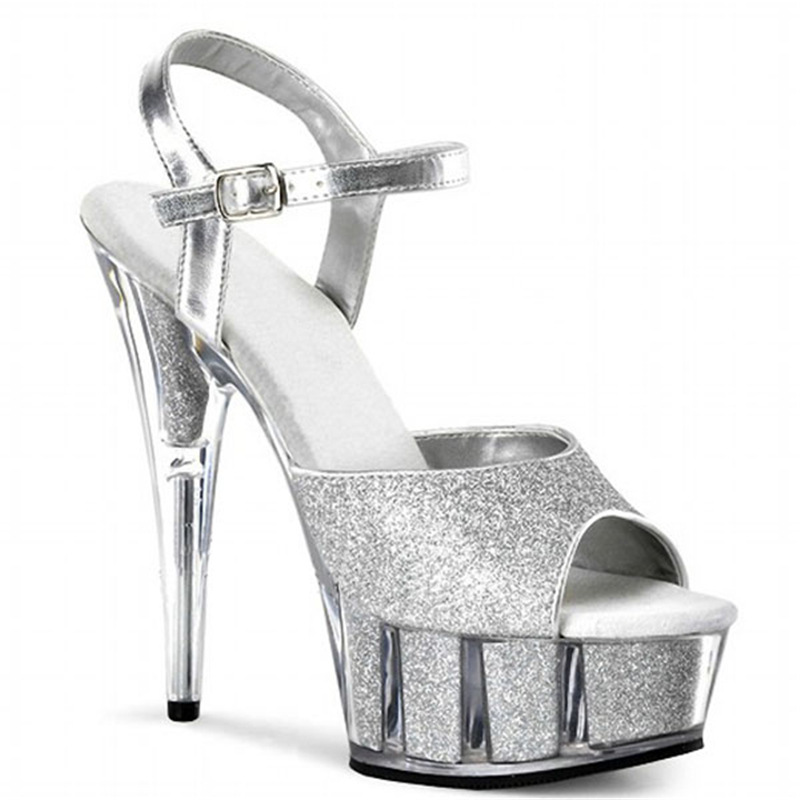 Sandalias de cristal con lentejuelas brillo con hebilla para el rendimiento de la etapa pasarela de moda más tamaño zapatos de mujer 15cm tacones altos