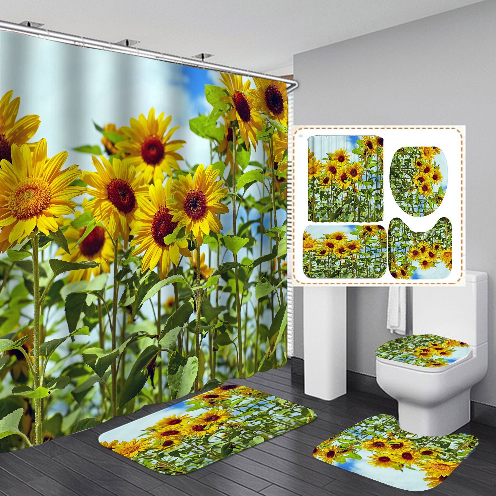 Amazon Venta caliente anti-moho impermeable poliéster impresión digital girasol cortina de ducha suministro directo de fábrica cortina de ducha al por mayor