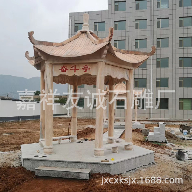 Jiaxiang Stone Carving Pavilion, Hexagonal Stone Pavilion Made of Blue Stone, Custom-Made Wholesale and Installation of Outdoor Leisure Stone Pavilions for Parks and Courtyards