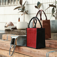 时尚简约彩色编织亚麻布手提袋饭盒袋折叠麻布袋家用环保购物袋子