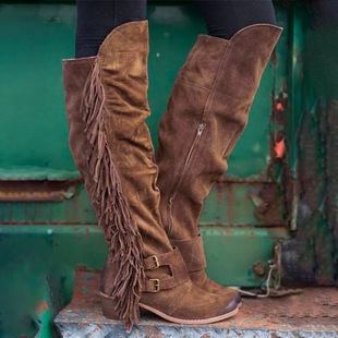 wish AliExpress foreign trade new 2019 Winter new European and American style thick heel large size long tassel boots women's boots