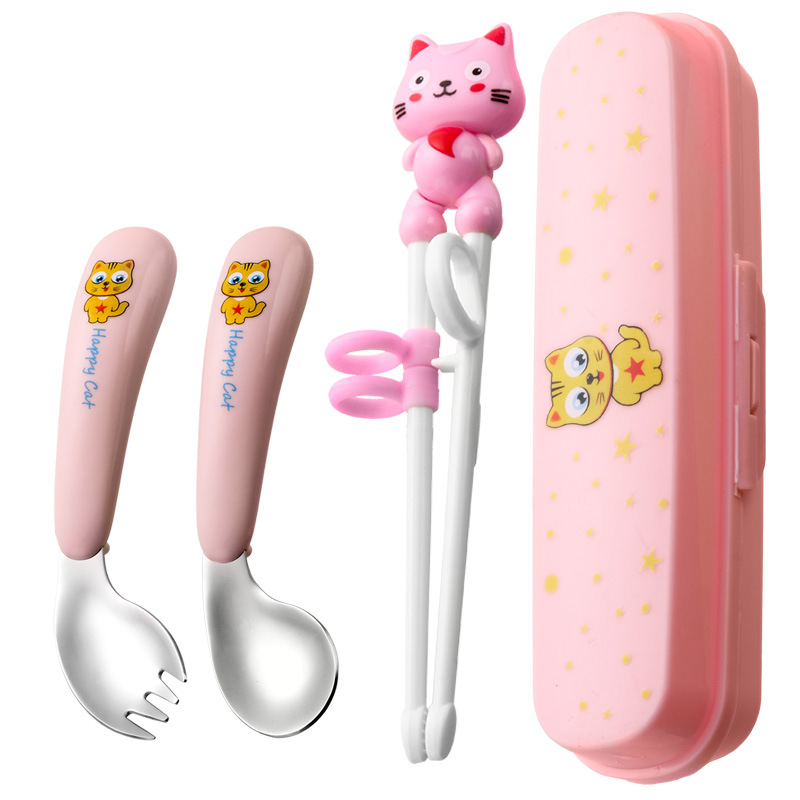 노란 고양이-분말 구부러진 포크 숟가락 젓가락-핑크 상자