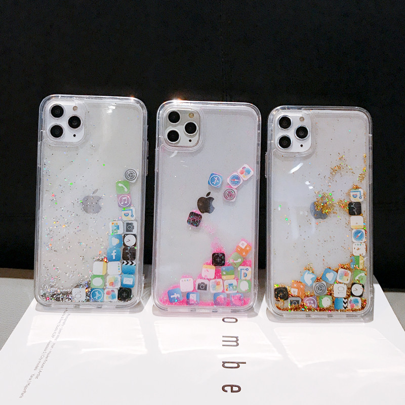 For iPhone16ProMax phone case Apple 15 creative APP icon soft edge glitter quicksand shell 1413