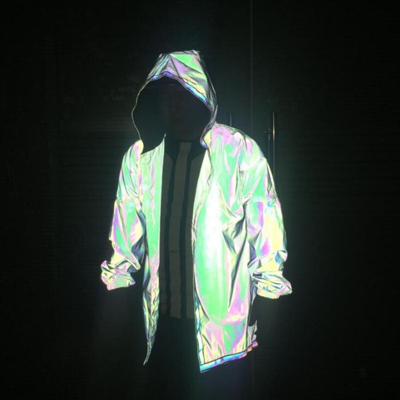 Amazon New Colorful Reflective Jacket Large Size Colorful Reflective Coat Hip-Hop Long Cape Jacket for Men