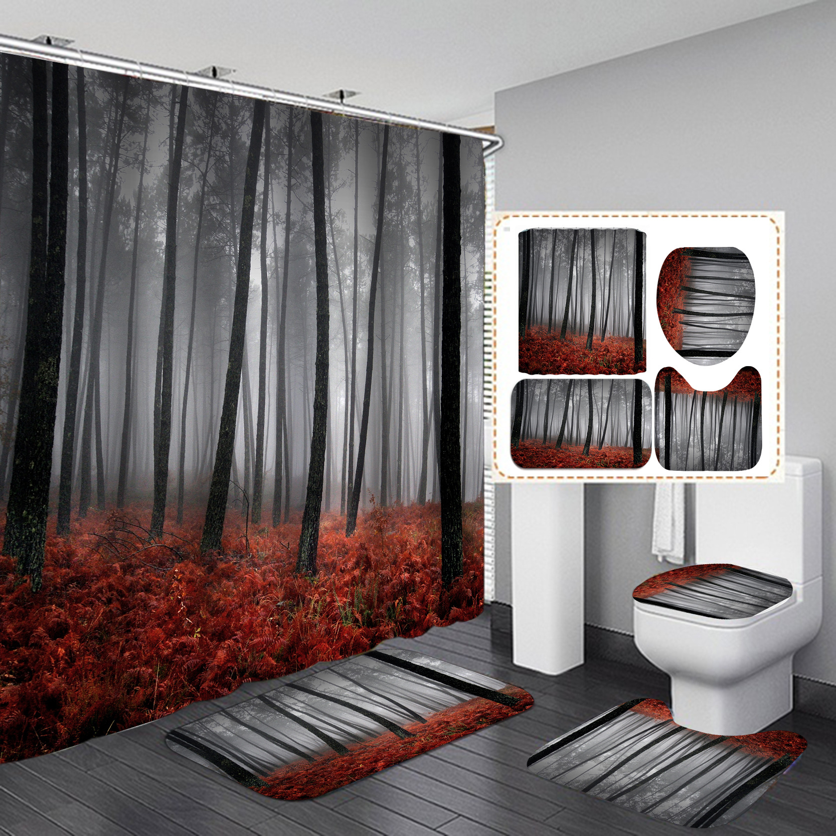 Impresión digital 3D de poliéster Cortina de ducha imagen de fondo Cortina de ducha de cuatro piezas impermeable y a prueba de moho cortina de baño entrega de una pieza