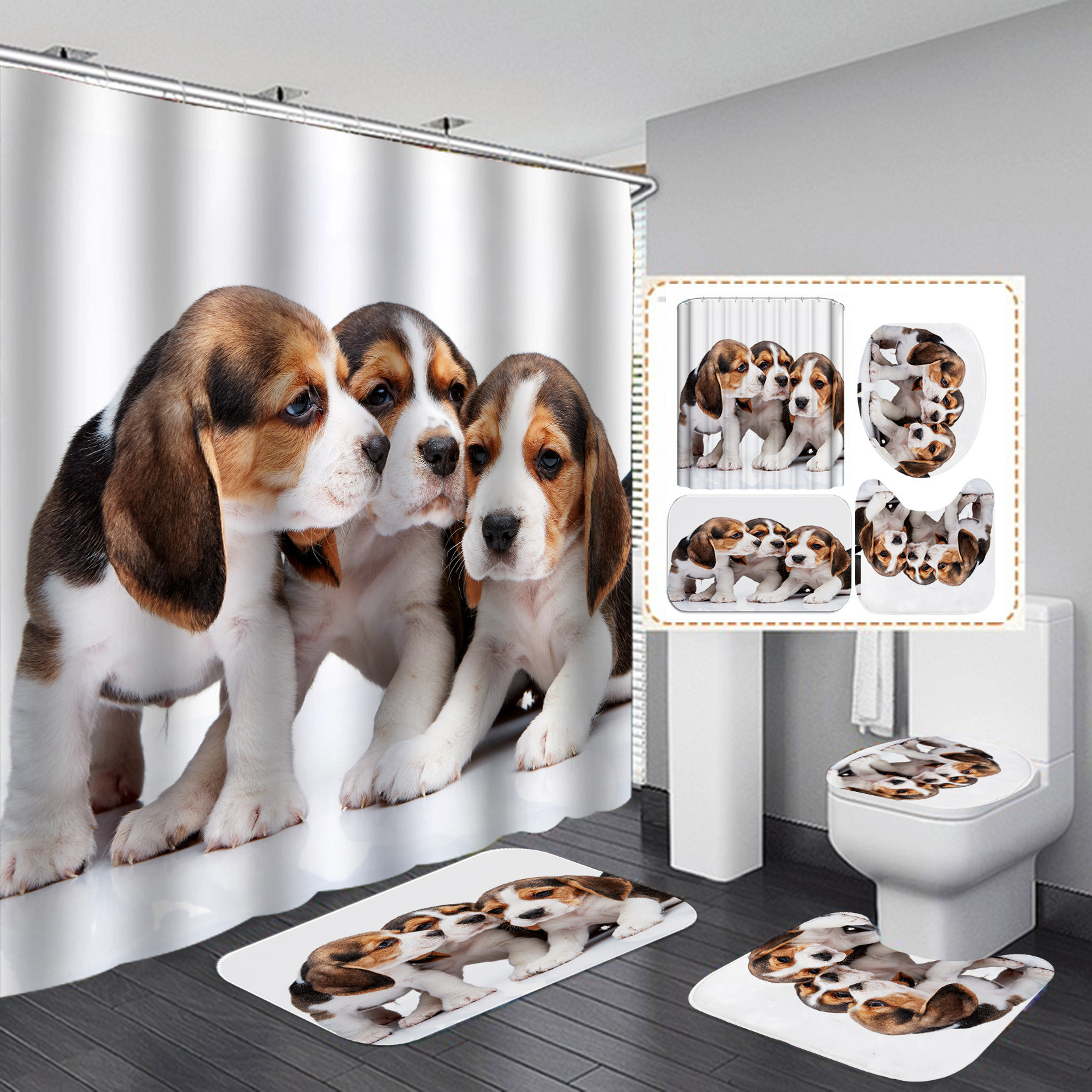Juego de cuatro piezas de cortinas de ducha con diseño de animales, impresión digital, venta al por mayor, suministro directo de comercio exterior, impermeable.
