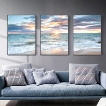 现代简约客厅三联画日出唯美大海风景海浪大气北欧沙发背景装饰画