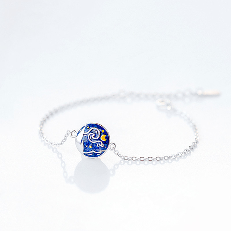Simple and Fresh Blue Van Gogh Starry Sky Bracelet for Women Korean Version Creative Personality Gold Moon Bracelet