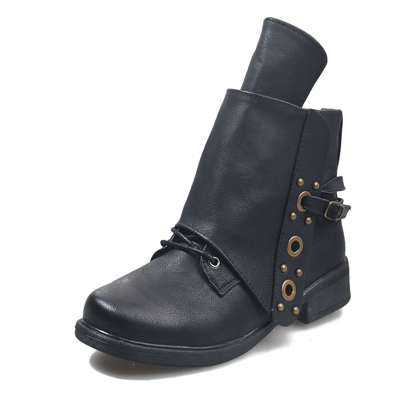 2020 New Autumn and Winter Wish Amazon Independent Station Large Size Retro Round Toe Side Zipper Women's Leather Boots