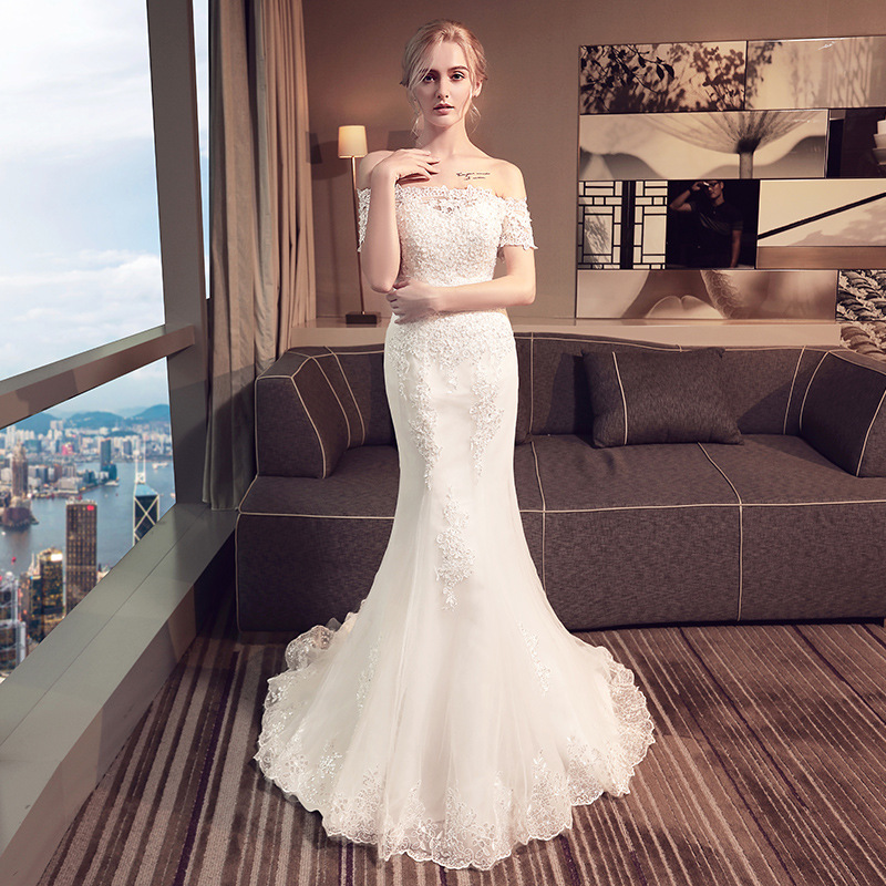 Vestido de novia de cola de pez 2024 nueva Boda nupcial estilo francés adelgazante pequeño fuera del hombro ligero mujeres pequeñas