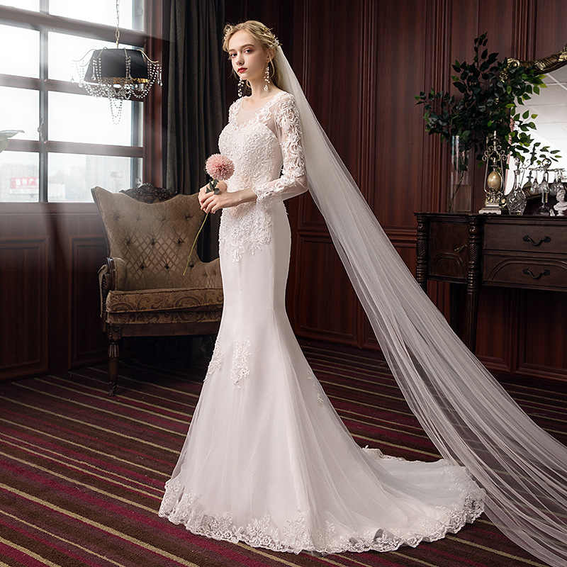 Tiktok Venta caliente vestido de novia para las mujeres 2024 nuevo hilo principal pequeño Delgado adelgazamiento trailing manga larga primavera