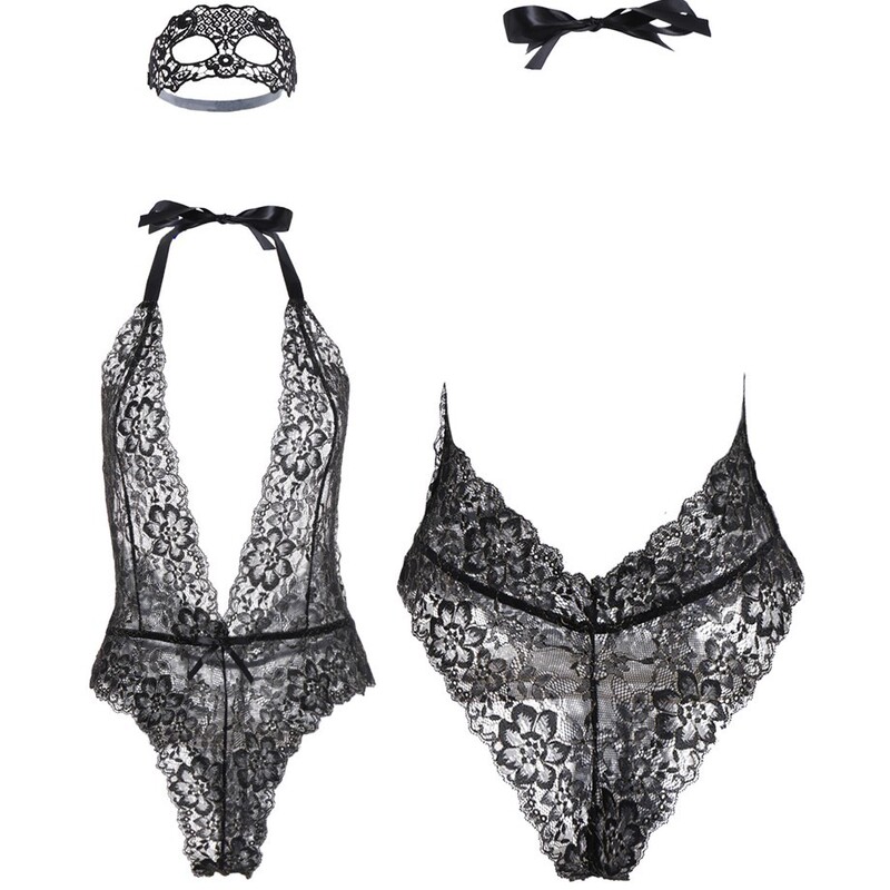 Foreign trade supply sexy underwear sexy neck backless tight pajamas lace floral transparent deep V jumpsuit