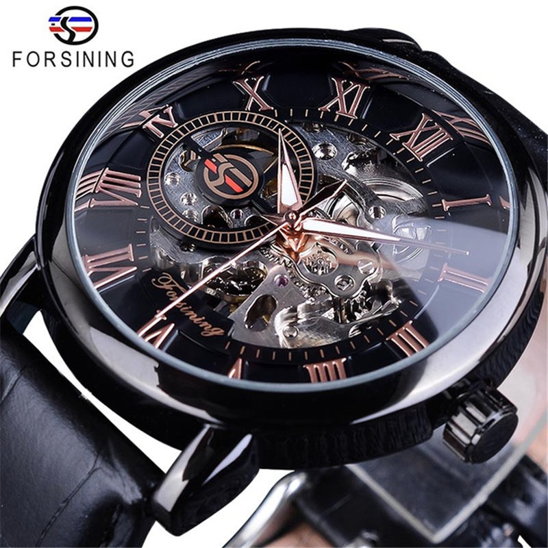 Fusini forsining hombres de moda retro hueco transparente mecánico manual reloj mecánico Correa reloj