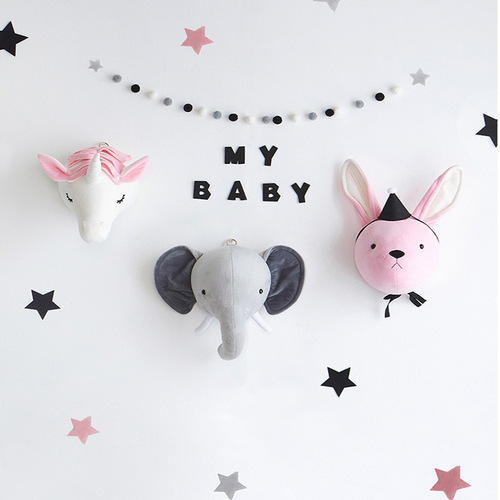 Ins new Nordic style animal head children's room hanging decoration elephant toy head plush decorative hall wall decoration wall hanging
