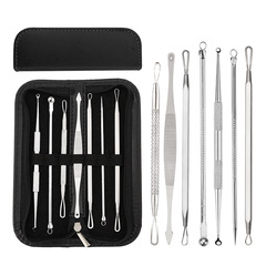 7-Piece Stainless Steel Pimple Extractor Set: Portable Leather Case Holds Blackhead Removers, Acne Squeezers, and Beauty Tools
