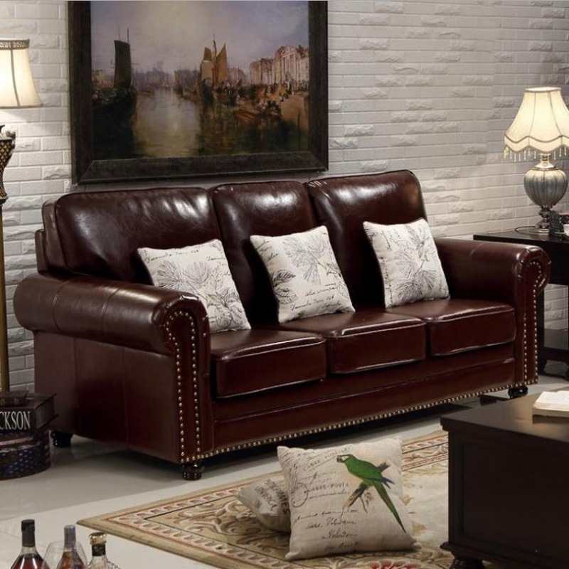 Simple moderno retro americano sofá de cuero combinación salón tres cuero pequeño apartamento primera capa sofá de piel de vaca