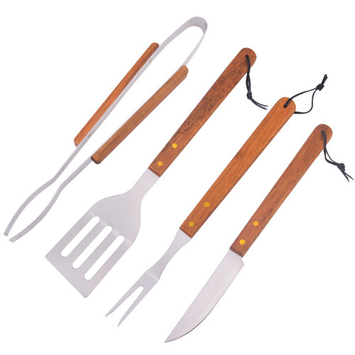 Outdoor Binding Card Grilling Tools Set of Four BBQ Tool Combination Kit Stainless Steel Wooden Handle Knife Fork Spatula Tongs BBQ