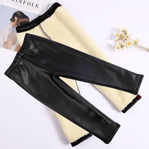 Women's Padded Leather Pants for Autumn/Winter Outerwear, Children's Padded Leggings, One-Size for Older Children, Padded Gold Fleece Leather Pants
