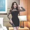 Round neck long sleeved patchwork leopard print slim fit dress with wrapped buttocks