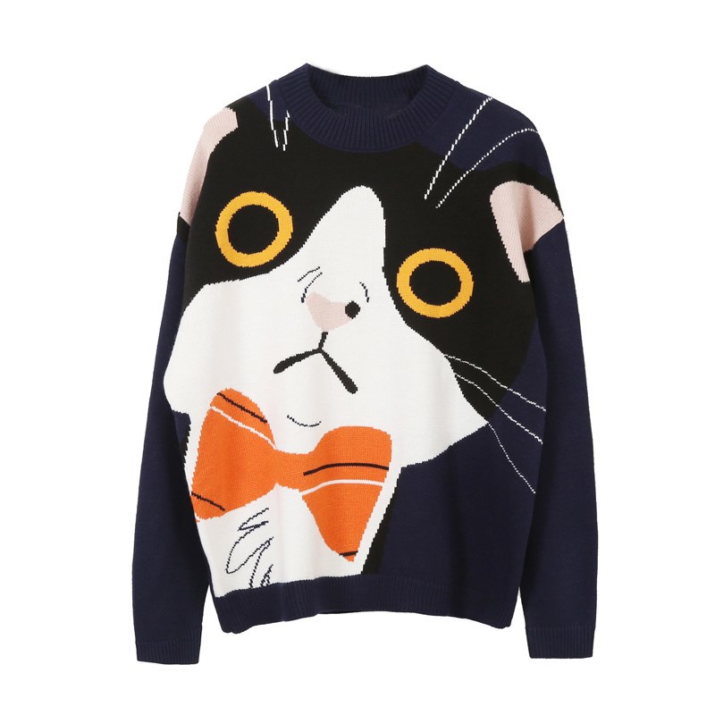 Men's Clothing Spot original hanging wool knitting method! Couple sweater cat pattern round neck knitted sweater trend_voghion.com