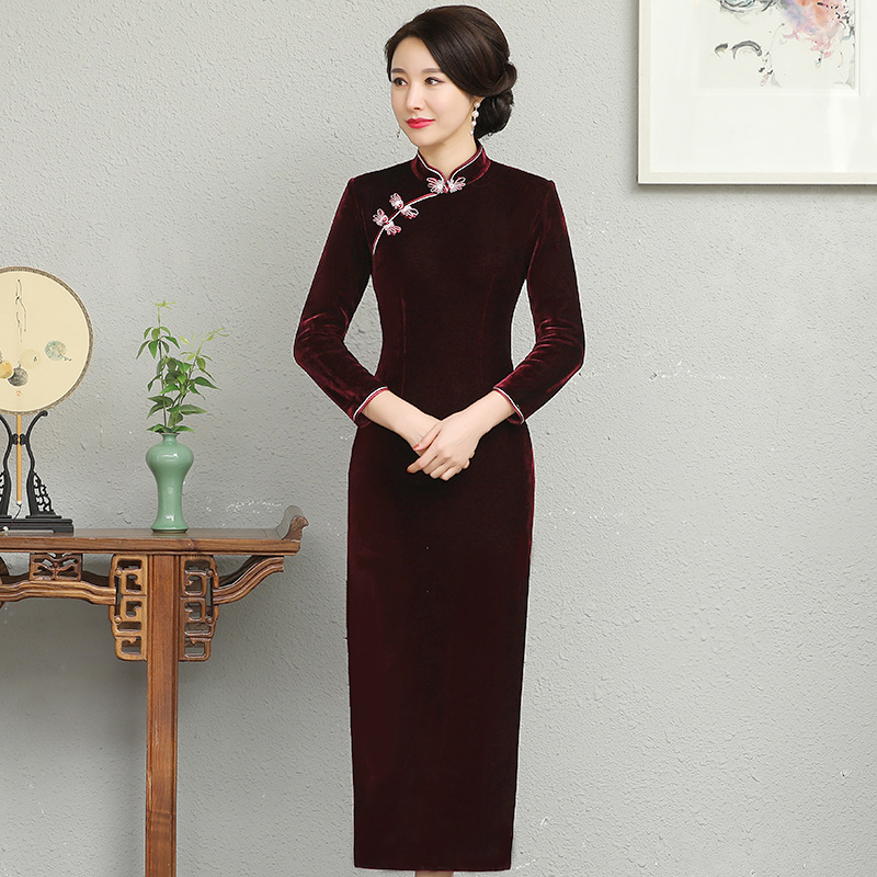 Fleece-lined thick long gold velvet cheongsam improved retro Toast clothing 2020 Autumn and Winter new cheongsam dress