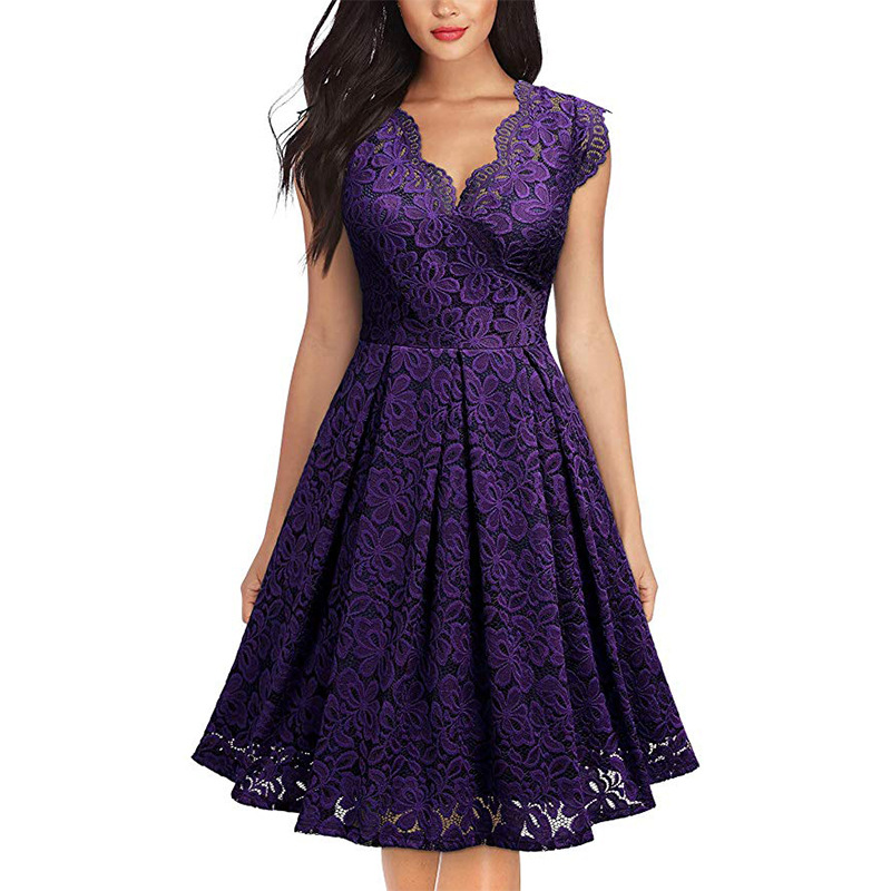 Vintage Lace V Neck Sleeveless Cocktail Dress Short Sleeve Flared Hem Elegant Style Wholesale Available