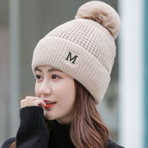 Japanese new style M letter hat fashionable knitted hat for women Korean version winter plus velvet warm hat fur ball woolen hat