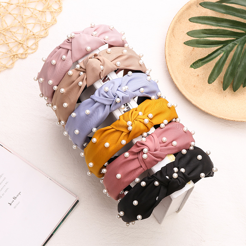 2019 Otoño e Invierno tela diadema multicolor uñas perla medio anudado borde ancho diadema arco banda para el cabello accesorios para el cabello