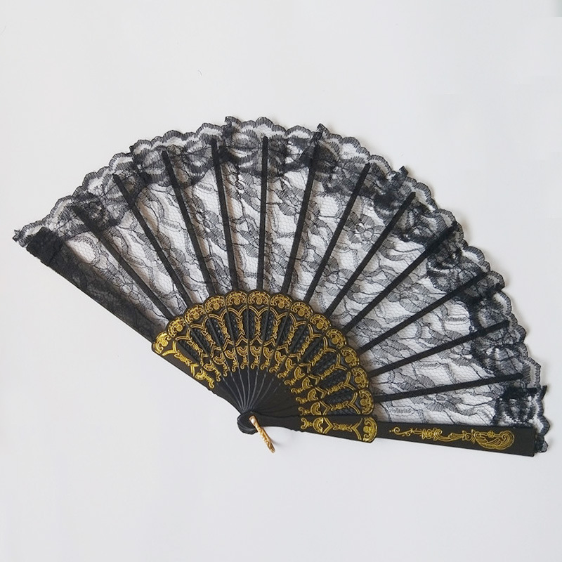 En stock Color opcional ventilador de encaje de doble capa ventilador de encaje negro