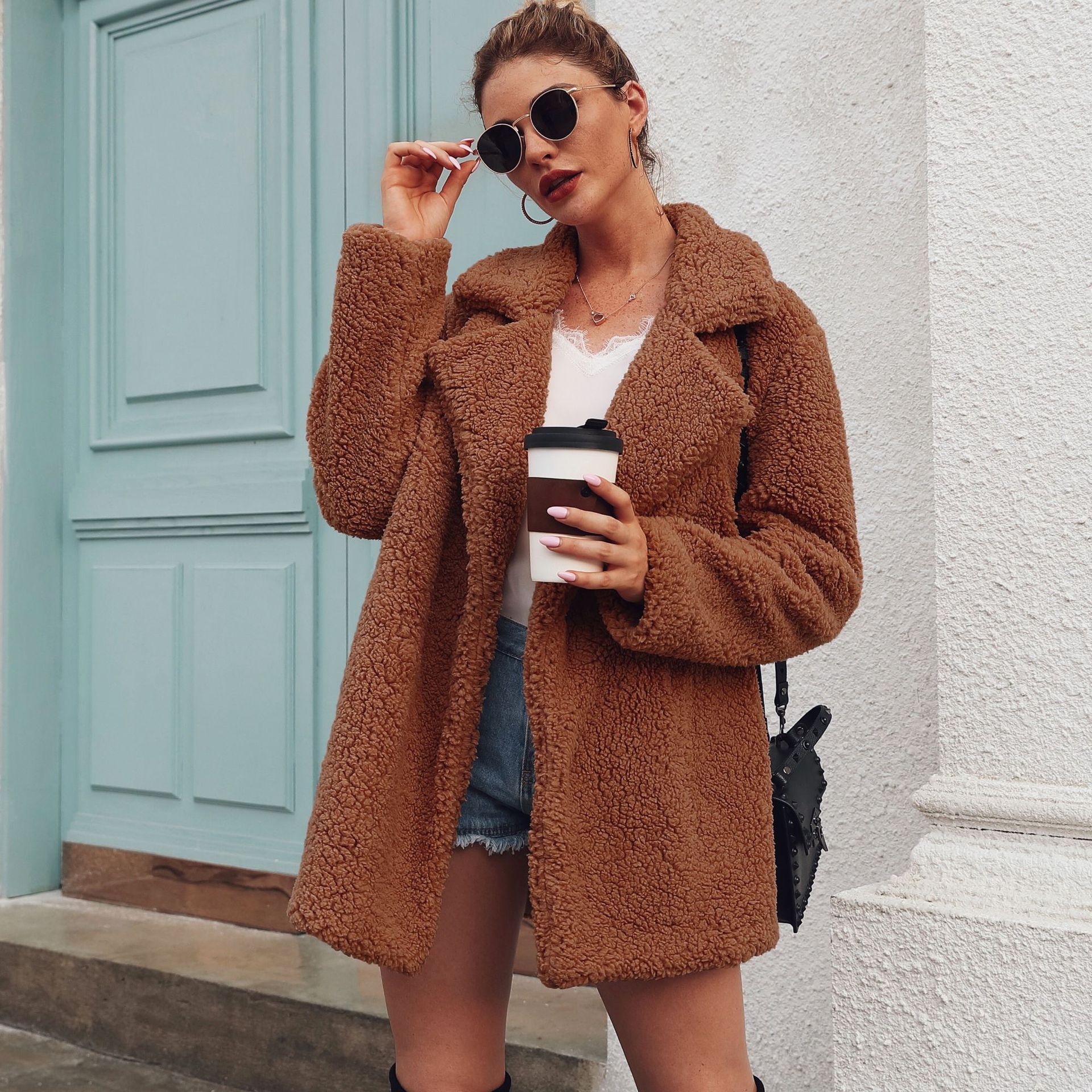 Faux Lamb Wool Lapel Fashion Coat