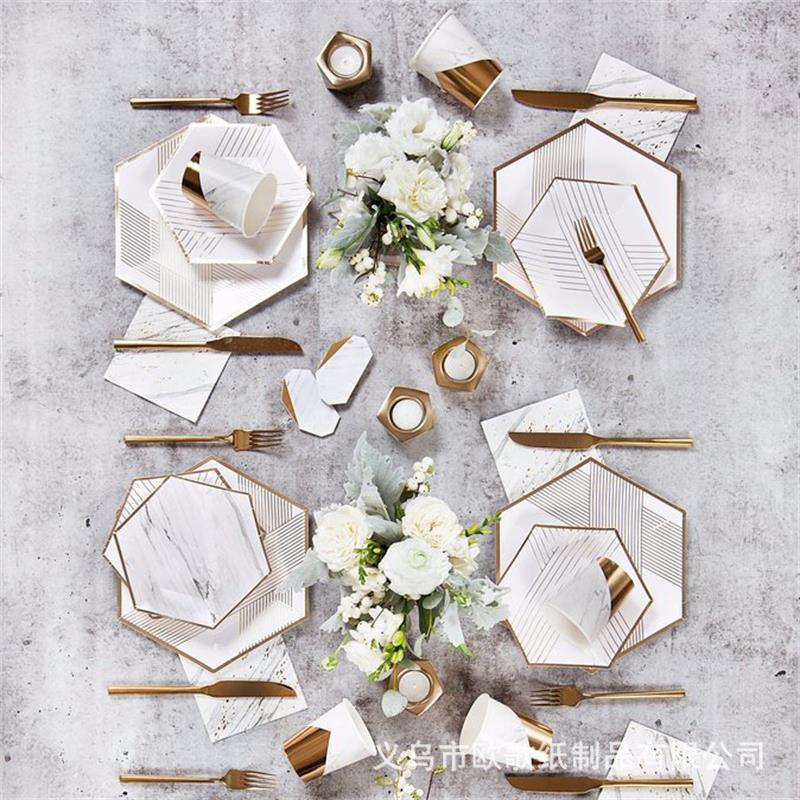 Gilding hexagonal white line high-end party disposable tableware afternoon tea birthday camping paper plate dish