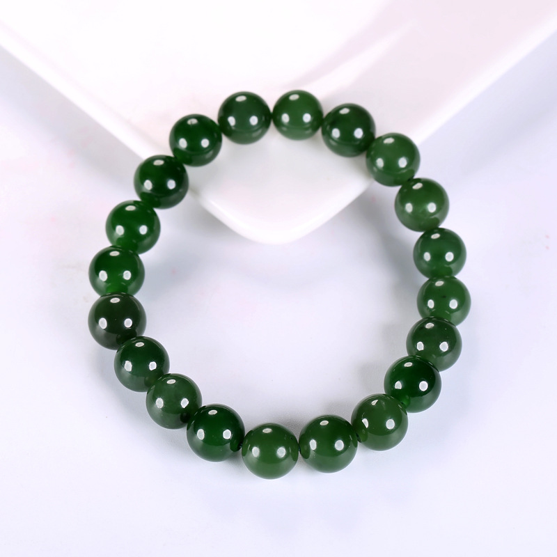 新疆和田玉碧玉圆珠手链男女款菠菜绿无黑点老料满绿手串玉石珠串