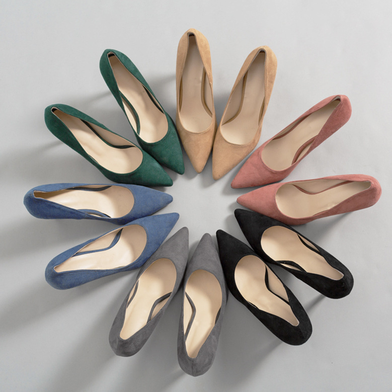 2020 Spring New High Heels, Stiletto Heels, Shallow Mouth, Black Professional Work Shoes, Pointed Toe Flats, Suede Mid-Heeled Women's Shoes