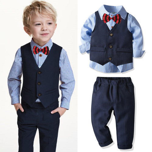 Set of Four for Baby Boys: Gentleman Vest, Pants, Long-Sleeve Shirt, and Bow Tie - Gentleman Formal Dress - Single Piece for Dropshipping