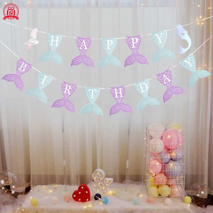 Suministro transfronterizo de Amazon, bandera de cumpleaños de sirena, arreglo de decoración para fiesta de cumpleaños de FELIZ ANIVERSARIO