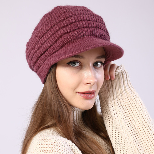 M1010 striped peaked cap autumn and winter new style plus velvet thickened warm and cold-proof knitted woolen hat women's beret